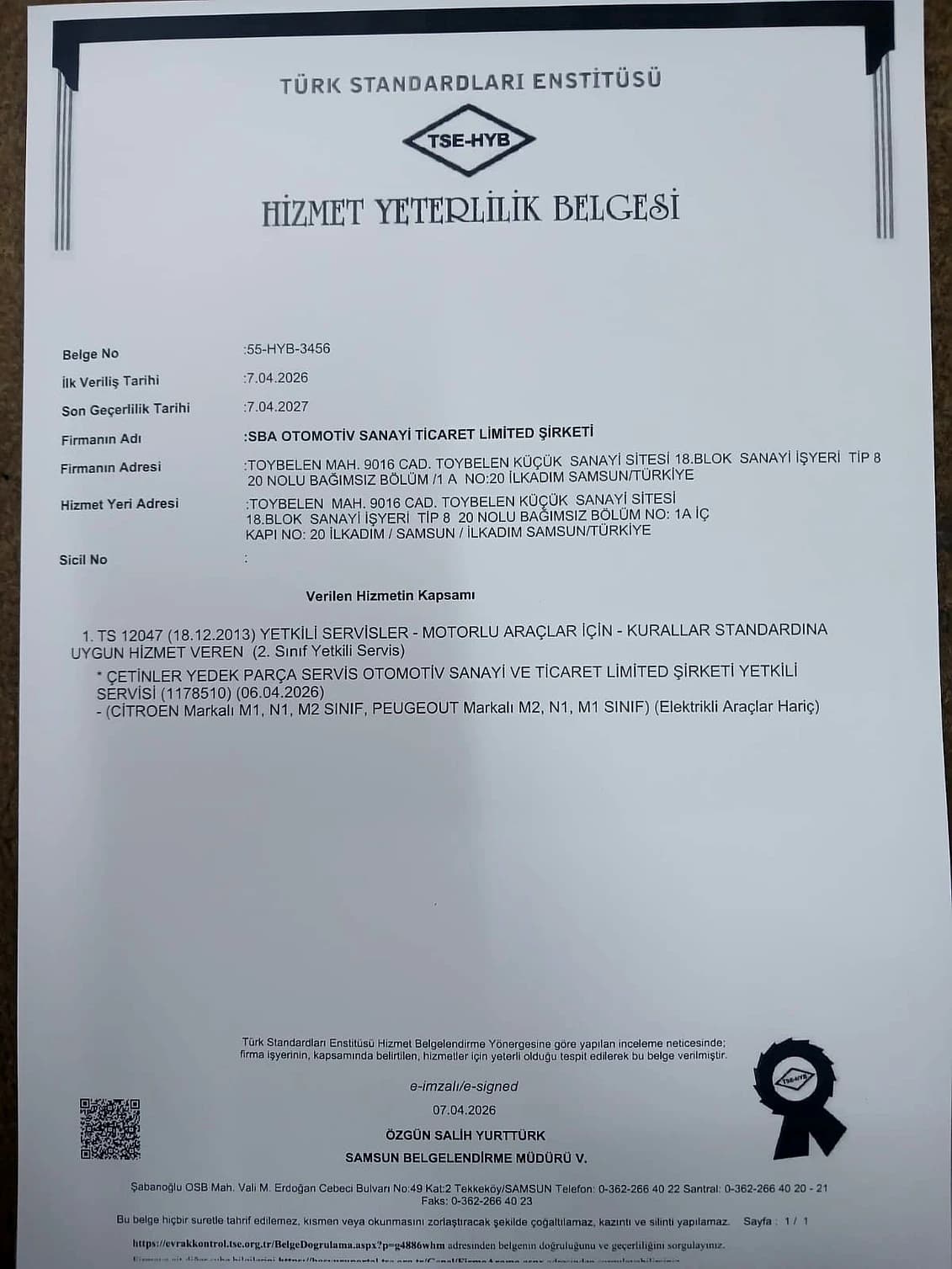 TSE Hizmet Yeterlilik Belgesi önizleme